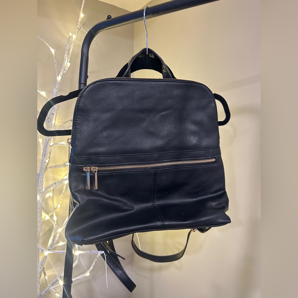 A New Day. Black faux Leather Backpack with Gold Zipper